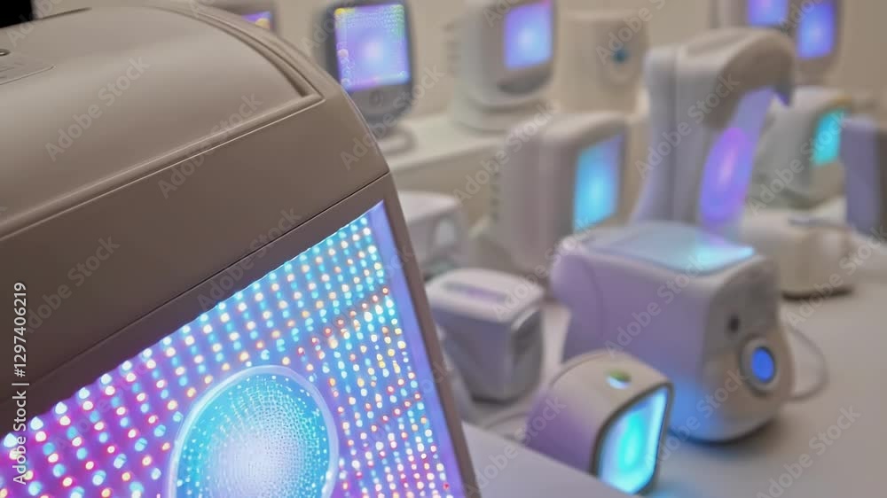 Poster elderly person interacts with a light therapy device, exploring its various color and light patterns