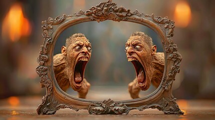 A surreal depiction of two monstrous faces in an ornate frame, expressing intense rage and emotion.