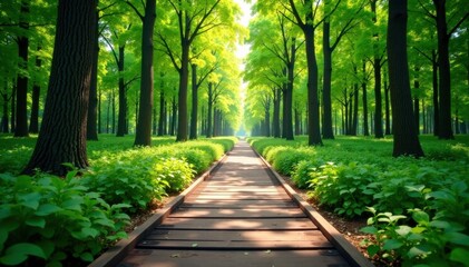 Fototapeta premium Wooden plank pathway leading to a forest clearing, nature, natural light