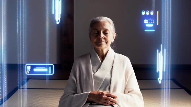 Futuristic head up display - hud - elements surround a serene elderly woman practicing meditation in a traditional japanese room, showcasing a blend of technology and tranquility