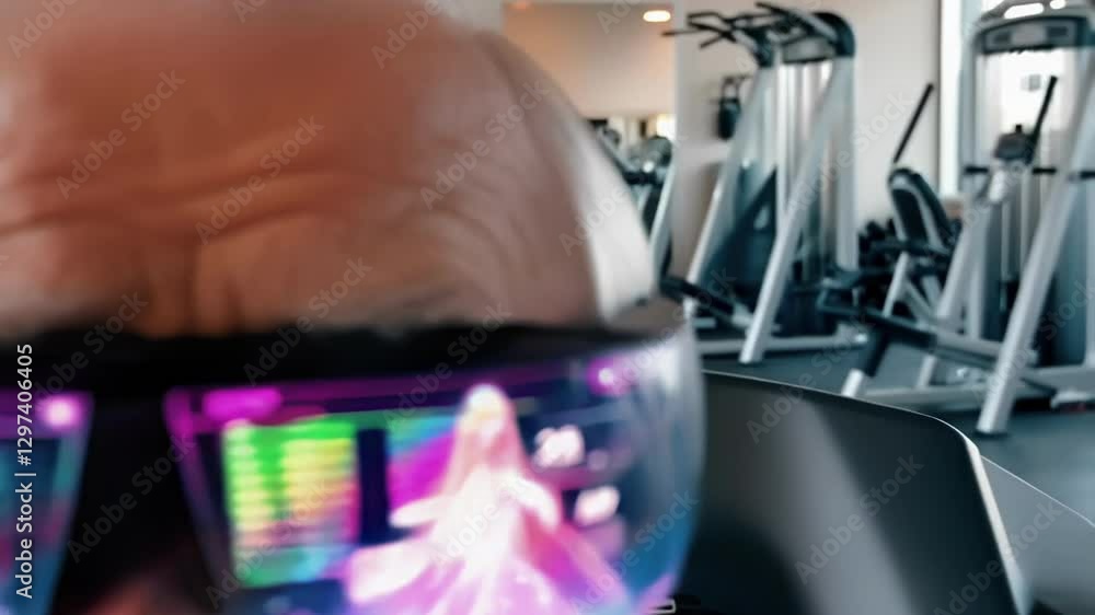 Poster mature fitness enthusiast wearing smart glasses tracking workout performance with virtual instructor