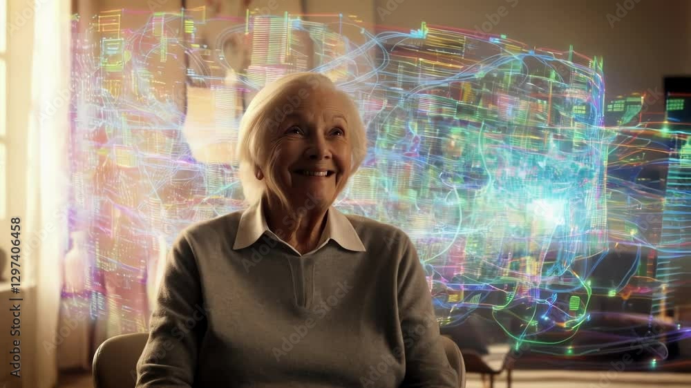 Poster elderly woman smiles while experiencing augmented reality, visualizing a complex network of colorful