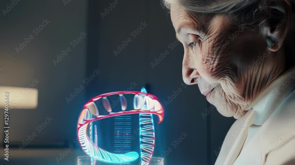 Poster elderly female scientist in a white lab coat observes a holographic projection of a rotating dna dou