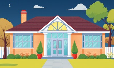Illustrative Depiction of a Charming Brick House with Symmetrical Windows, Red Roof, and Lush Lawn Surrounded by Trees Under a Night Sky with Crescent Moon