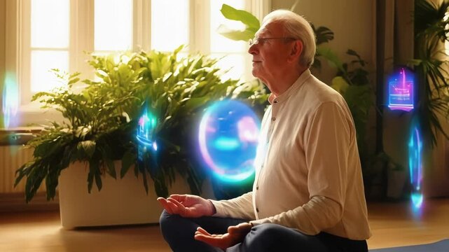 Senior man meditating in lotus position on yoga mat, using augmented reality for guided meditation, visualizing holographic icons related to health and wellness in his living room