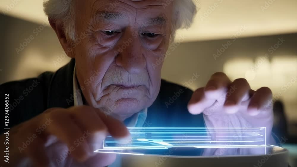 Aufkleber Elderly man interacting with innovative holographic interface, manipulating a 3d model with precise hand gestures in a dimly lit environment