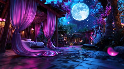 Enchanting nighttime garden with vibrant pink drapes, moonlight, and lush foliage creating a serene atmosphere