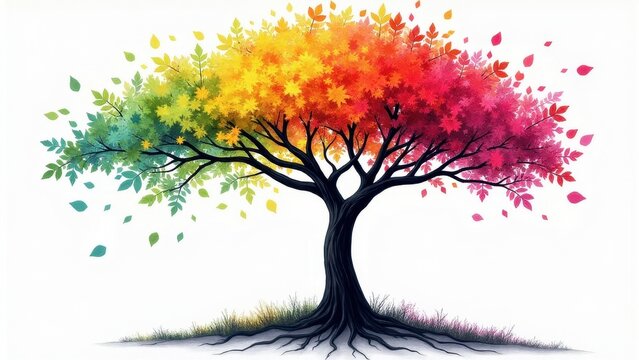 A vibrant tree sticker wall with leaves transitioning from green to yellow, orange, and red.