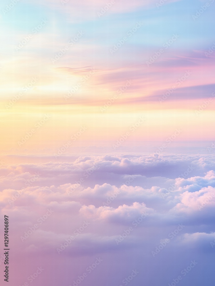 Poster Beautiful pastel clouds at sunset creating a serene and calming atmosphere in the sky over a vast horizon. Generative AI