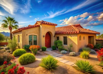 Obraz premium Southwestern sun bathes an adobe stucco home, vibrant blue sky mirroring the arid landscape.