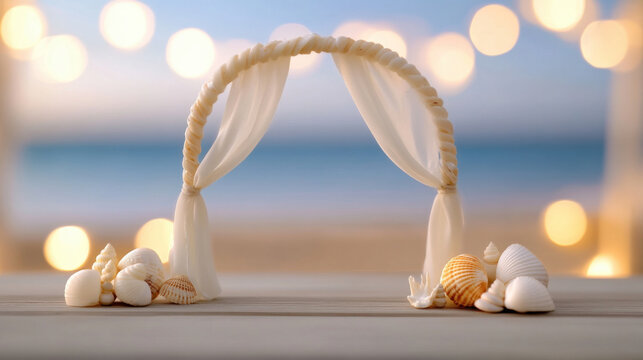 Miniature beach wedding arch with seashells, glowing softly in background. Perfect for romantic decor or beach themed events
