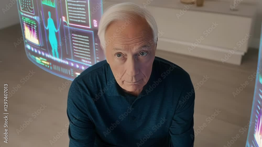 Aufkleber Elderly man interacting with holographic interface, analyzing detailed body scan data within immersive augmented reality healthcare visualization