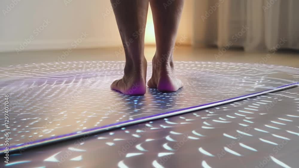 Poster barefoot woman stands on pressure sensitive interactive mat generating colorful projection patterns 