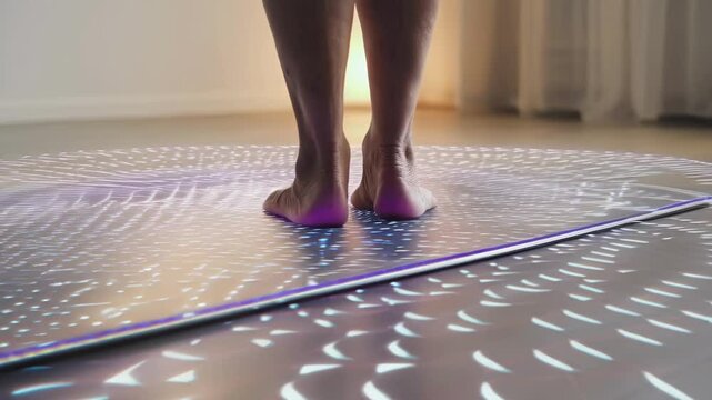 Barefoot woman stands on pressure sensitive interactive mat generating colorful projection patterns promoting balance, posture, and mindful movement in modern wellness setting