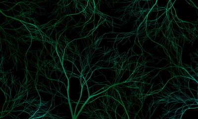 Abstract green roots pattern decorative black background. Line art tree. trendy tree textured.
