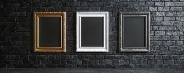 Empty frames on dark brick wall (1)