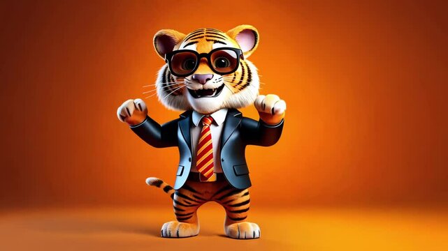 Happy Tiger In a Business Suit Dancing on an Orange Background 
