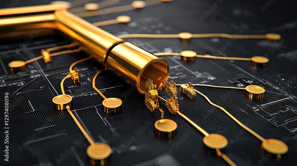 Poster closeup view of a golden futuristic circuit board with intricate electronic components and integrate
