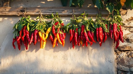 Fresh Sweet and Spicy Peppers Hanging on the Vine for Culinary Use