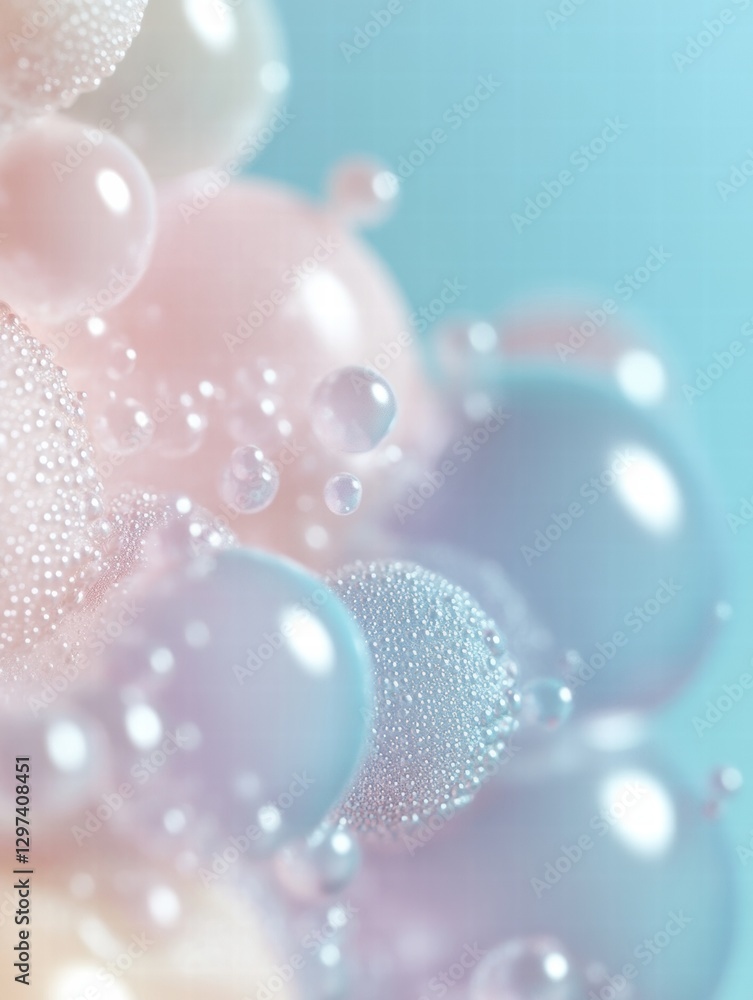 Poster Soft pastel bubbles create a dreamy visual effect with delicate reflections and a soothing background. Generative AI