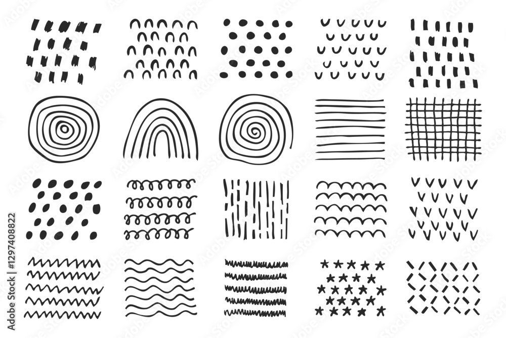 Poster hand drawn abstract doodle patterns with various shapes and lines. geometric simple minimalistic pat