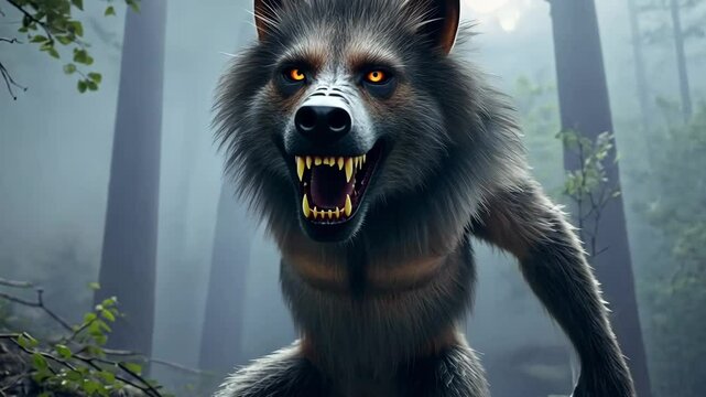 Halloween Scary Werewolf in a Misty Forest.
