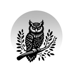 Owl logo vector illustration template. Hand draw black and white on the branch