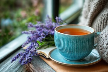 Woman relaxes with warm cup of tea by the window, enjoying a peaceful moment in a cozy indoor setting during the afternoon light
