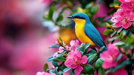 Fototapeta premium Vibrant Colorful Exotic Bird Perched on a Blooming Floral Branch Surrounded by Lush Tropical Greenery and Vegetation Serene Peaceful Nature Scene in a Captivating Picturesque Outdoor Setting