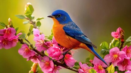 Vibrant Songbird Perched on Blooming Floral Branch in Natural Habitat  Close up Detail of Colorful Bird with Bright Plumage Resting on Flowering Plant in Outdoor Garden or Forest Environment
