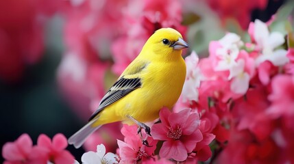 Stunning close up photograph of a vibrant yellow songbird possibly a goldfinch or canary perched on the colorful blooming branches of a flowering plant or shrub in a lush natural garden setting