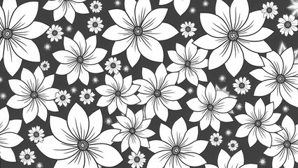 A white floral pattern with various sizes of flowers on a dark background.