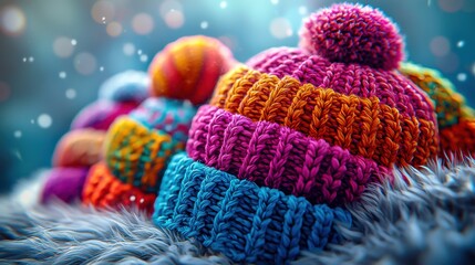 Cozy knitted hats and scarves on display at a vibrant winter sale featuring fashionable items for a chilly flat, complete with a stylish foulard and plush fur.