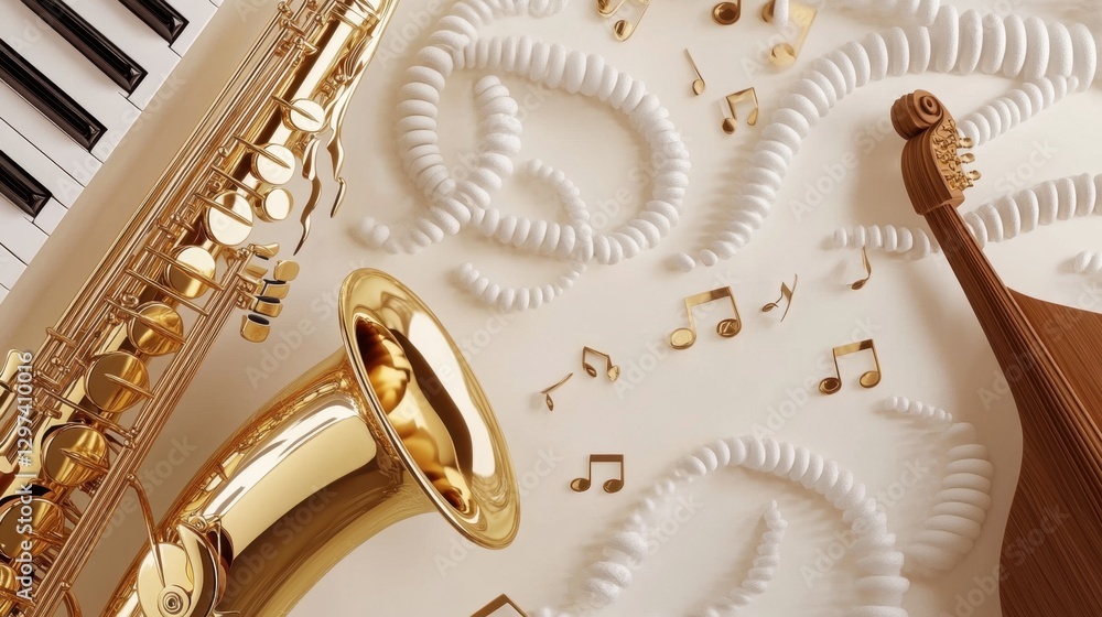 Poster a delightful arrangement of musical instruments and notes inspiring creative expression through soun