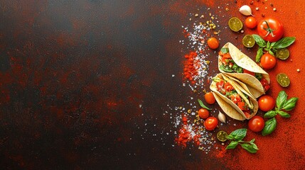 Vibrant Explosion of Delectable Culinary Ingredients Including Fresh Tomatoes Basil and Spices Artfully Arranged on a Rustic Background