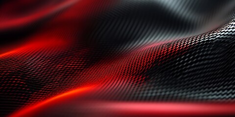 Fototapeta premium A high-resolution close-up of a dynamic, wavy carbon fiber texture with a red and black gradient. Light reflections enhance the material's surface, creating a blurred focus effect for added depth.