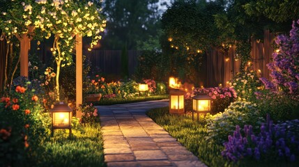 Obraz premium A cozy backyard garden glowing with solar-powered lanterns, surrounded by lush flowers and plants, creating a warm and serene evening ambiance.