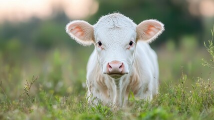 White calf in pasture, sunset background, farm animal