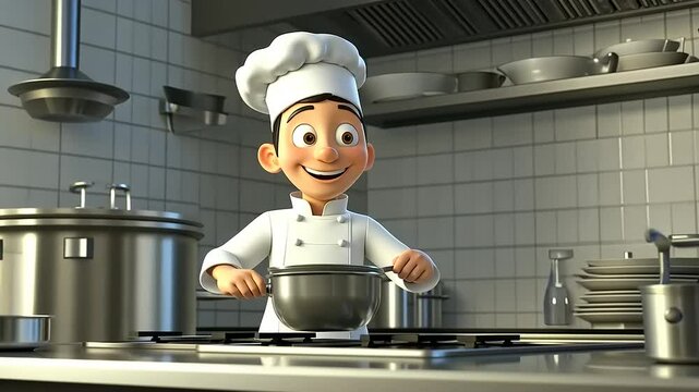Animated chef joyfully stirring a pot in a modern kitchen filled with utensils and cookware