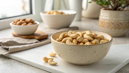 Ceramic bowl filled with cashew nuts on a kitchen counter. Natural light food photography for healthy eating.
