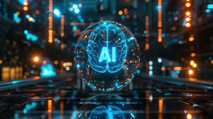 Cybernetic brain with bold AI typography glowing in neon blue, floating inside a transparent glass orb, set in a high tech futuristic environment with a dark cybernetic background