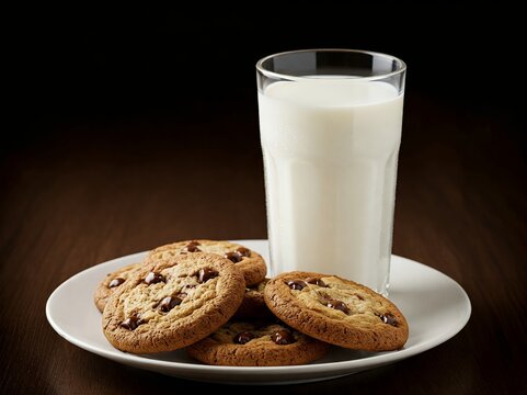 A plate of chocolate chip cookies next to a tall glass of milk on a dark wooden table.