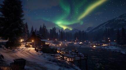 Serene winter night landscape with aurora borealis illuminating a cozy lakeside village