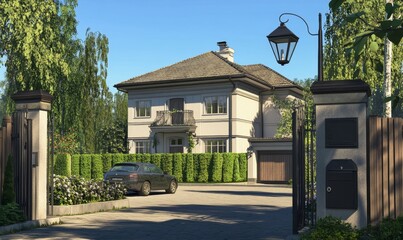Suburban home entrance, car parked, manicured yard, gate open, sunny day