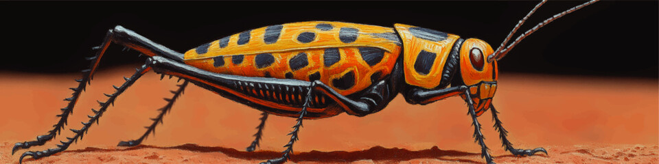 Vibrant Orange Black Cricket Vector Illustration on Desert Background with Detailed Texture and Spot Patterns - Insect Art for Entomology Enthusiasts
