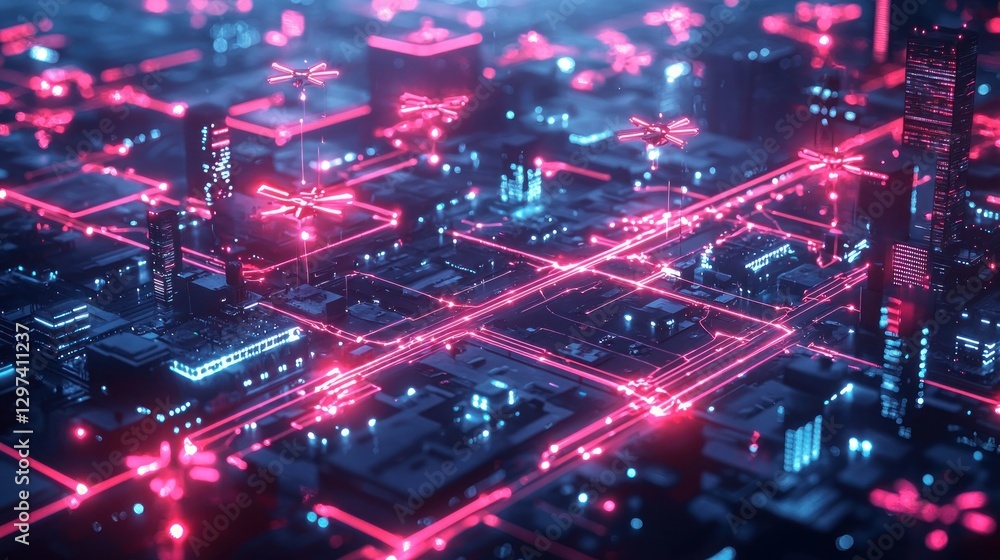 Poster technologically advanced smart cityscape with glowing digital lines connecting autonomous vehicles a