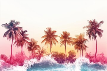 Fototapeta premium Powerful ocean waves crash onto the shore beneath swaying palm trees on a sunny day in a tropical paradise