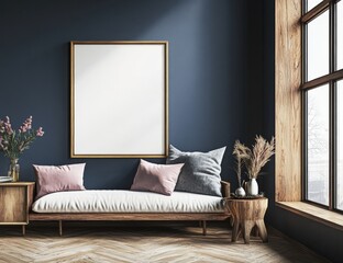 Modern Living Room Mockup with Blank Poster and Cozy Sofa