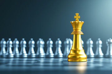 Golden King Chess Piece Facing Silver Pieces in a Strategic Business Leadership Setting