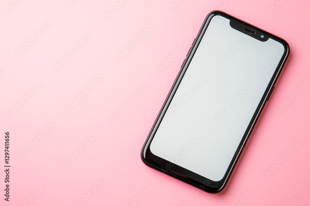 Poster smartphone display on pastel pink background ideal for minimalistic design and technology concepts